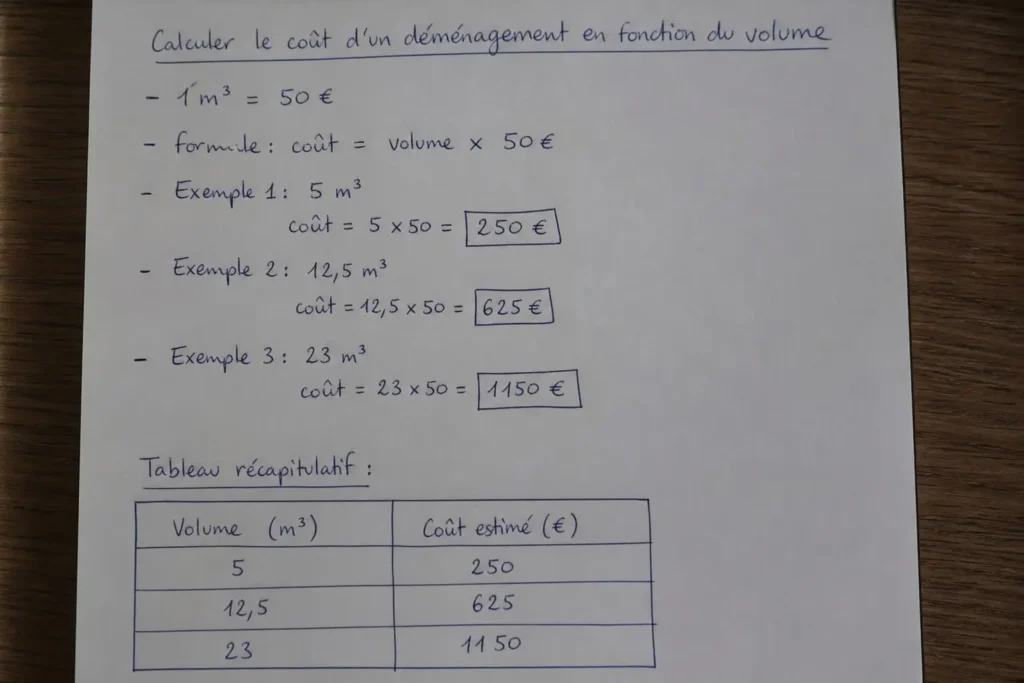 Calcul du coût d’un déménagement selon le volume en m3 et exemple de calculs.