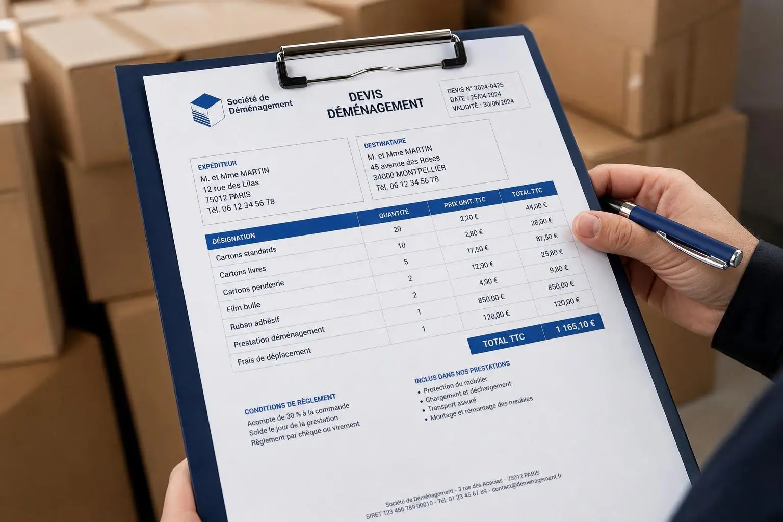 Devis déménagement sur un clipboard, affichant les postes et le total TTC, avec des cartons en arrière-plan. intégré: comment calculer le coût d'un déménagement.