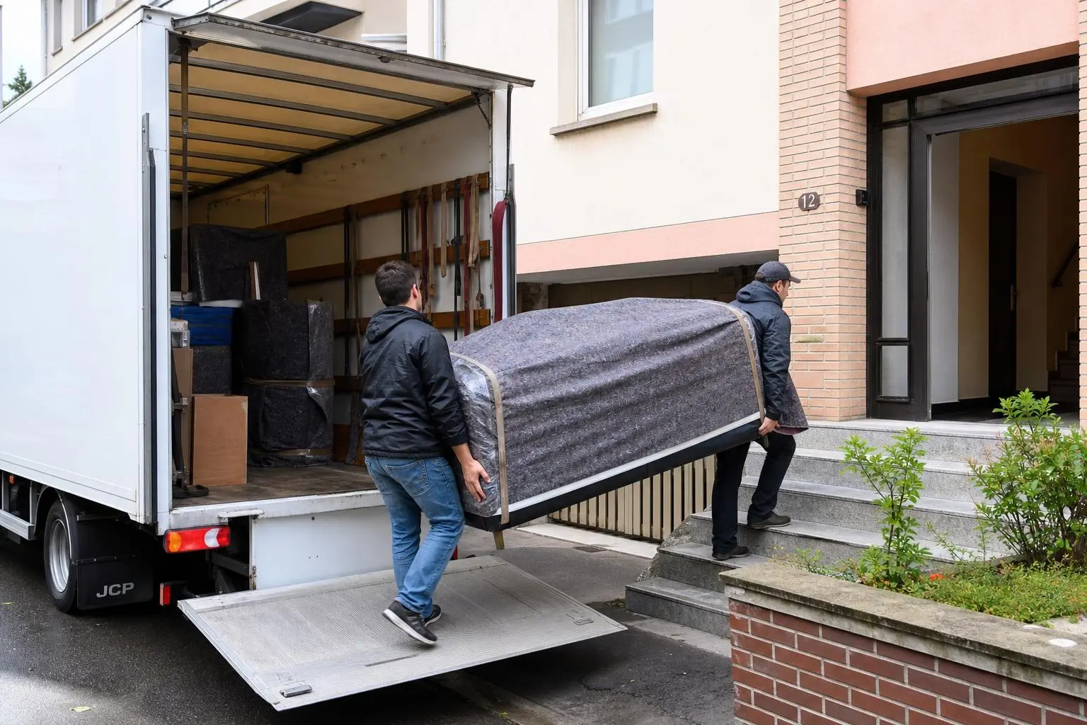Deux personnes chargent un canapé et des meubles dans un camion de déménagement, près d’une entrée d’immeuble, prêt à partir pour un déménagement longue distance.